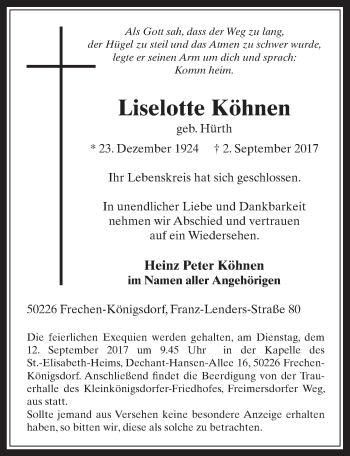 Anzeige von Liselotte Köhnen von  Wochenende  Werbepost 