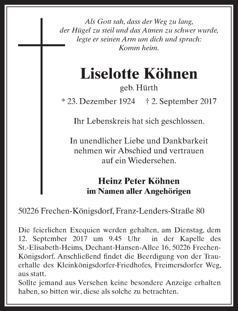  Traueranzeige für Liselotte Köhnen vom 06.09.2017 aus  Wochenende  Werbepost 