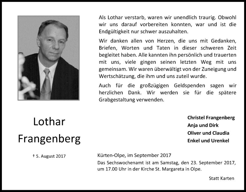  Traueranzeige für Lothar Frangenberg vom 16.09.2017 aus Kölner Stadt-Anzeiger / Kölnische Rundschau / Express
