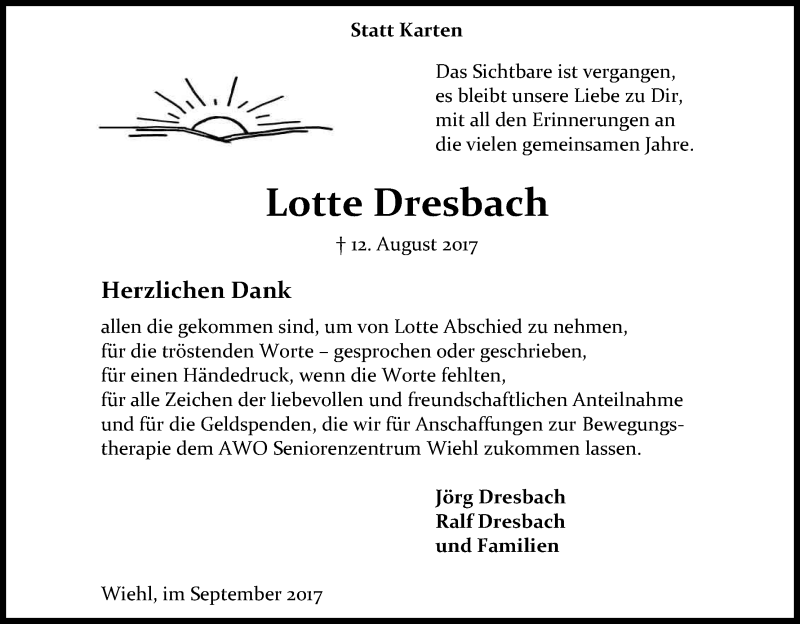 Traueranzeige für Lotte Dresbach vom 23.09.2017 aus Kölner Stadt-Anzeiger / Kölnische Rundschau / Express