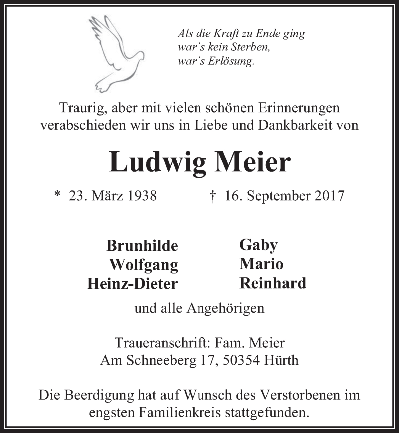  Traueranzeige für Ludwig Meier vom 20.09.2017 aus  Wochenende 