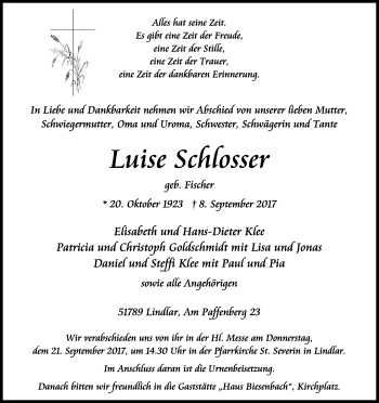 Anzeige von Luise Schlosser von Kölner Stadt-Anzeiger / Kölnische Rundschau / Express