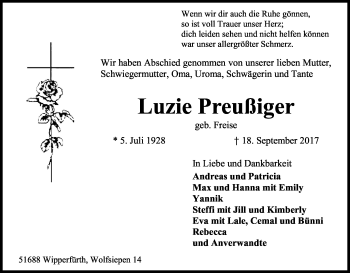 Anzeige von Luzie Preußiger von Kölner Stadt-Anzeiger / Kölnische Rundschau / Express
