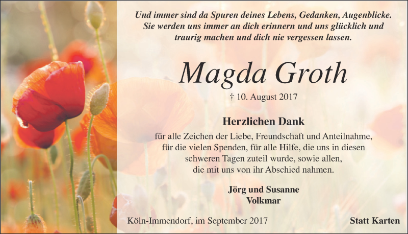  Traueranzeige für Magda Groth vom 13.09.2017 aus  Kölner Wochenspiegel  Schlossbote/Werbekurier 