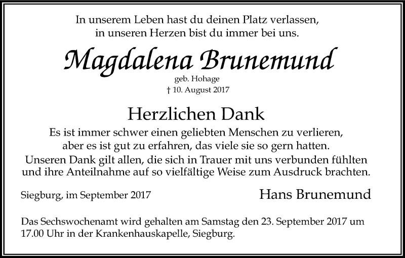  Traueranzeige für Magdalena Brunemund vom 20.09.2017 aus Kölner Stadt-Anzeiger / Kölnische Rundschau / Express