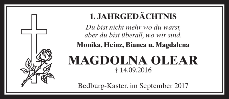 Traueranzeige für Magdalena  Olear vom 13.09.2017 aus  Werbepost 