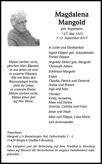 Anzeige von Magdalene Mangold von Kölner Stadt-Anzeiger / Kölnische Rundschau / Express