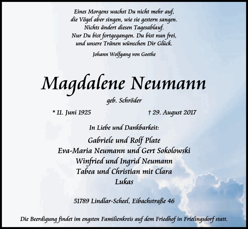  Traueranzeige für Magdalene Neumann vom 02.09.2017 aus Kölner Stadt-Anzeiger / Kölnische Rundschau / Express