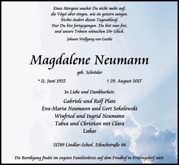 Anzeige von Magdalene Neumann von Kölner Stadt-Anzeiger / Kölnische Rundschau / Express