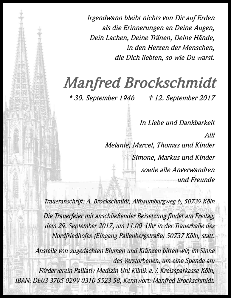  Traueranzeige für Manfred Brockschmidt vom 23.09.2017 aus Kölner Stadt-Anzeiger / Kölnische Rundschau / Express