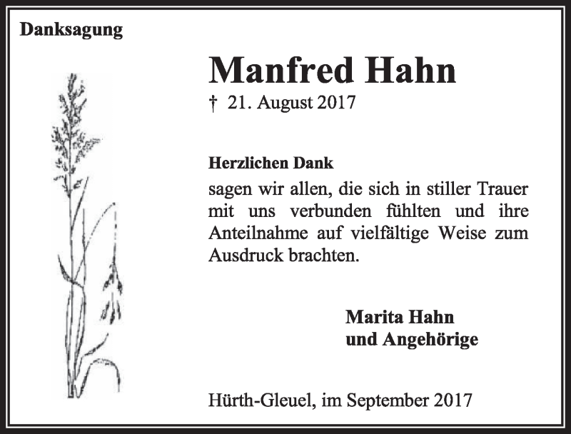 Traueranzeige für Manfred Hahn vom 16.09.2017 aus  Sonntags-Post 