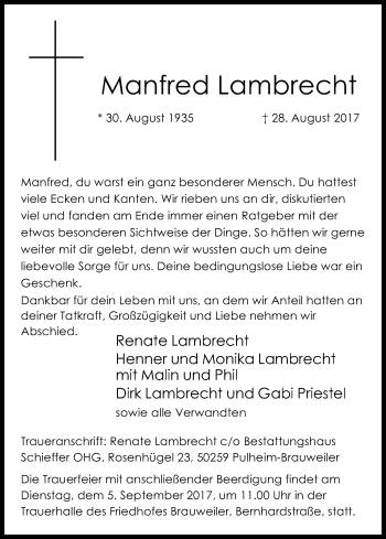 Anzeige von Manfred Lambrecht von Kölner Stadt-Anzeiger / Kölnische Rundschau / Express