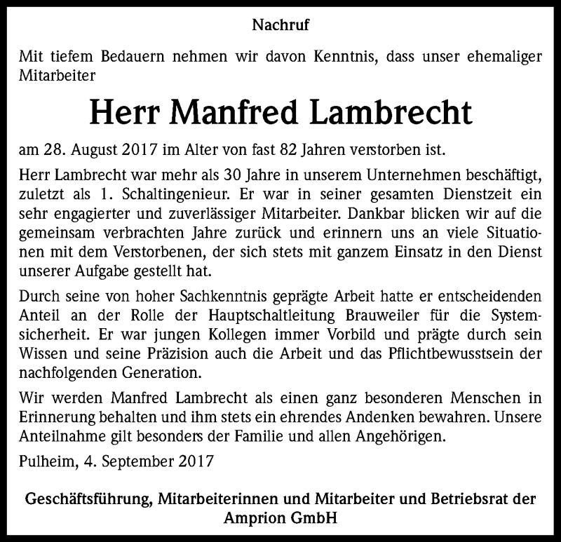  Traueranzeige für Manfred Lambrecht vom 04.09.2017 aus Kölner Stadt-Anzeiger / Kölnische Rundschau / Express