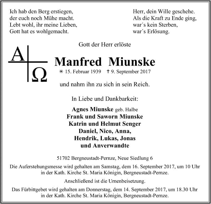 Traueranzeige für Manfred Miunske vom 13.09.2017 aus  Anzeigen Echo 