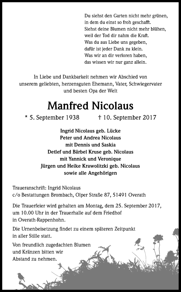  Traueranzeige für Manfred Nicolaus vom 18.09.2017 aus Kölner Stadt-Anzeiger / Kölnische Rundschau / Express