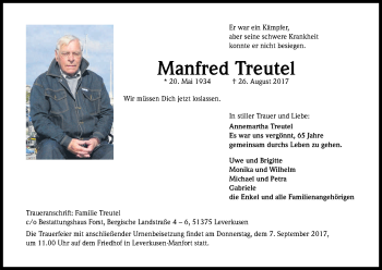 Anzeige von Manfred Treutel von Kölner Stadt-Anzeiger / Kölnische Rundschau / Express