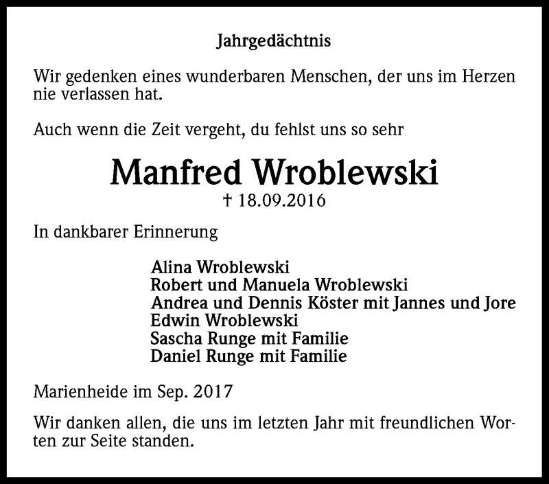  Traueranzeige für Manfred Wroblewski vom 18.09.2017 aus Kölner Stadt-Anzeiger / Kölnische Rundschau / Express