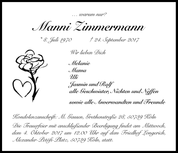 Anzeige von Manni Zimmermann von Kölner Stadt-Anzeiger / Kölnische Rundschau / Express