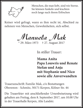 Anzeige von Manuela Mak von  Sonntags-Post 