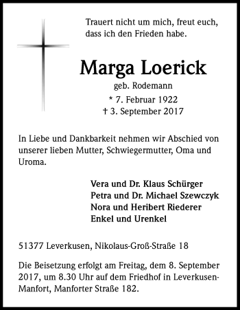 Anzeige von Marga Loerick von Kölner Stadt-Anzeiger / Kölnische Rundschau / Express