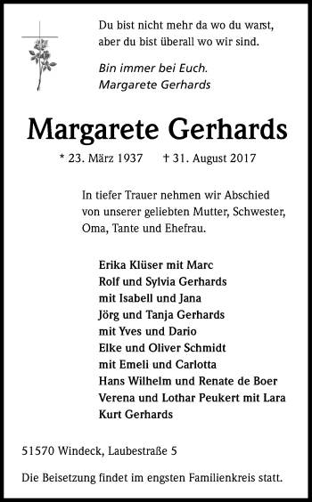 Anzeige von Margarete Gerhards von Kölner Stadt-Anzeiger / Kölnische Rundschau / Express
