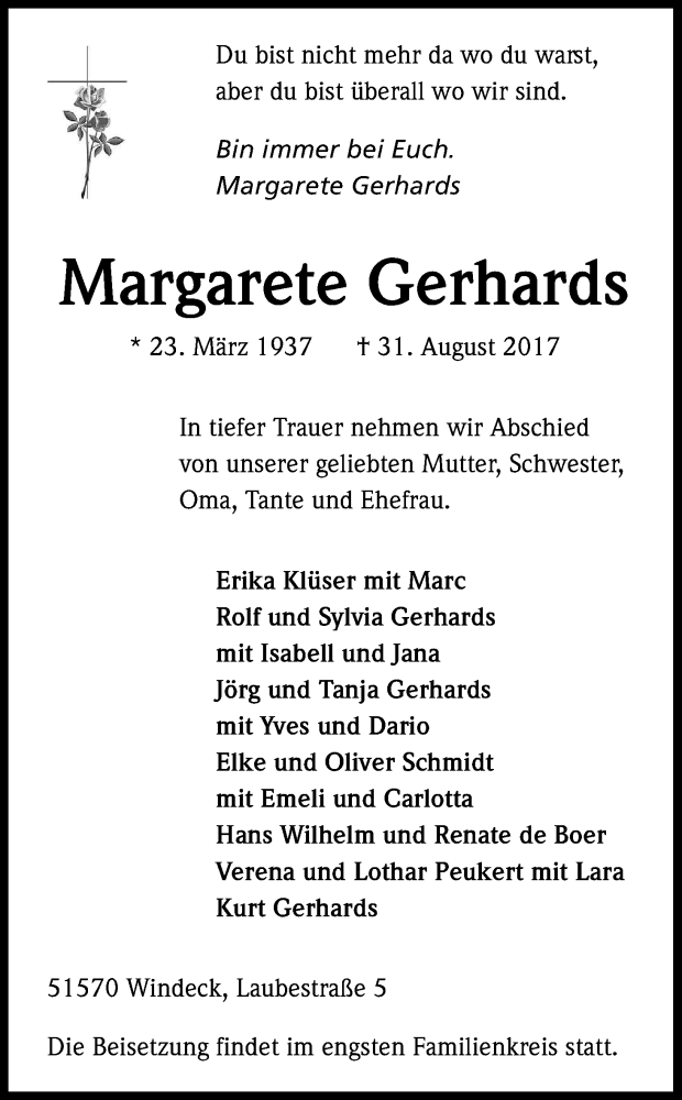  Traueranzeige für Margarete Gerhards vom 08.09.2017 aus Kölner Stadt-Anzeiger / Kölnische Rundschau / Express