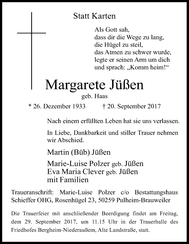  Traueranzeige für Margarete Jüßen vom 23.09.2017 aus Kölner Stadt-Anzeiger / Kölnische Rundschau / Express