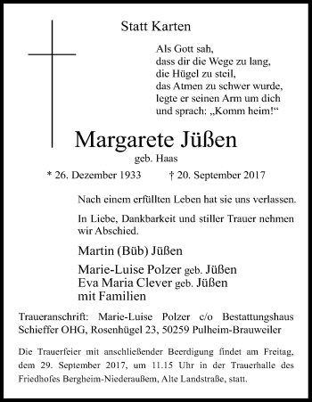 Anzeige von Margarete Jüßen von Kölner Stadt-Anzeiger / Kölnische Rundschau / Express