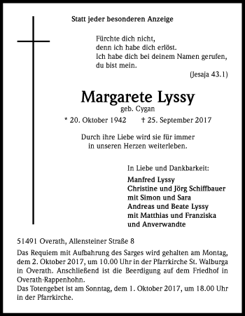Anzeige von Margarete Lyssy von Kölner Stadt-Anzeiger / Kölnische Rundschau / Express