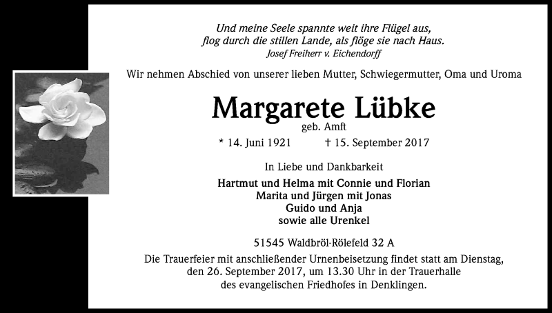  Traueranzeige für Margarete Lübke vom 22.09.2017 aus Kölner Stadt-Anzeiger / Kölnische Rundschau / Express