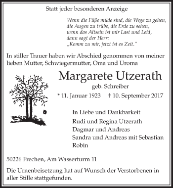 Anzeige von Margarete Utzerath von  Sonntags-Post 