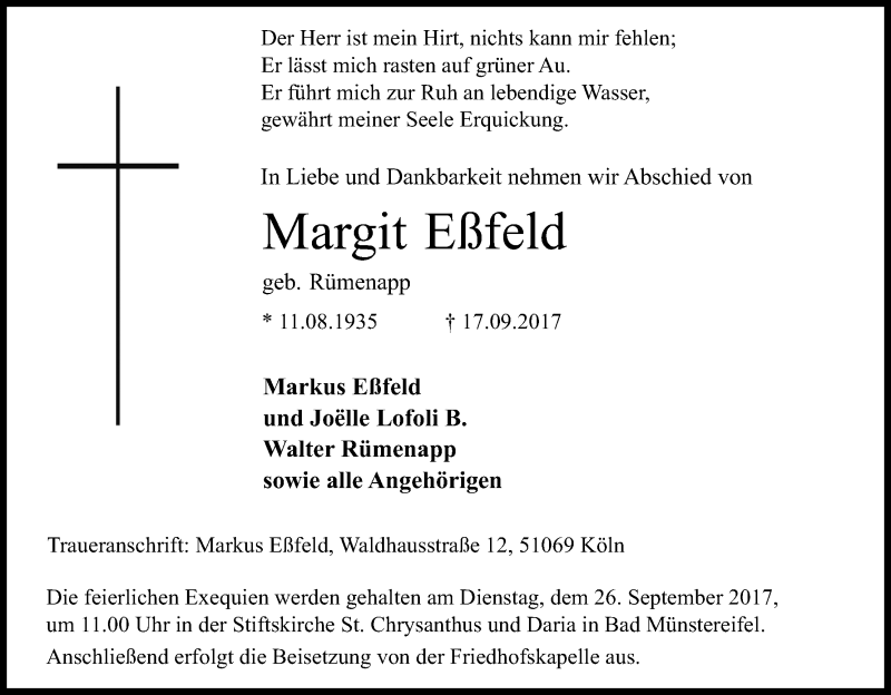  Traueranzeige für Margit Eßfeld vom 23.09.2017 aus Kölner Stadt-Anzeiger / Kölnische Rundschau / Express