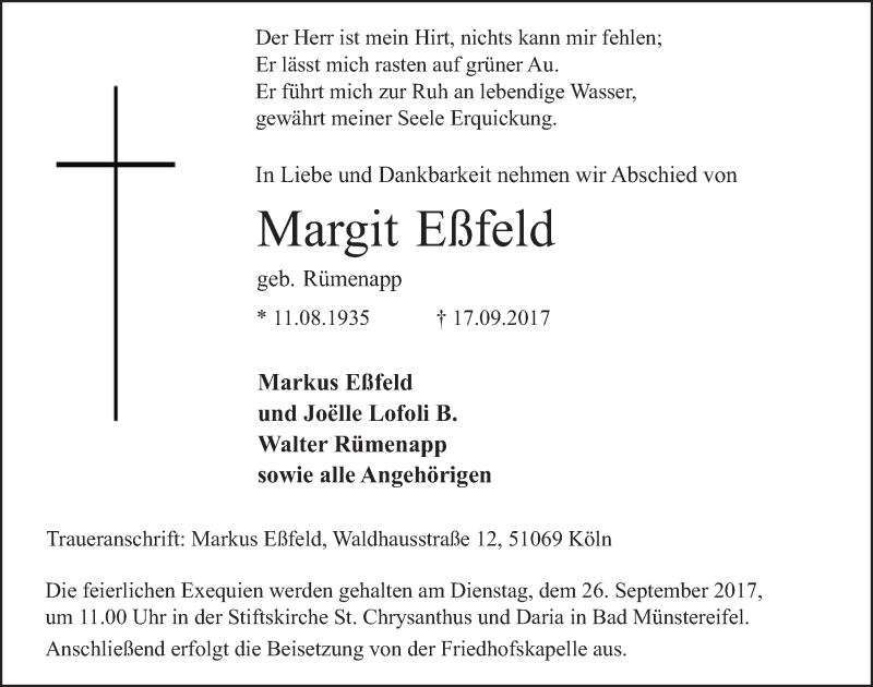  Traueranzeige für Margit Eßfeld vom 23.09.2017 aus  Blickpunkt Euskirchen 