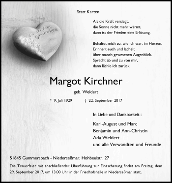 Anzeige von Margot Kirchner von Kölner Stadt-Anzeiger / Kölnische Rundschau / Express
