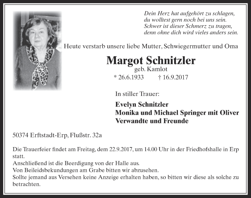  Traueranzeige für Margot Schnitzler vom 20.09.2017 aus  Werbepost 