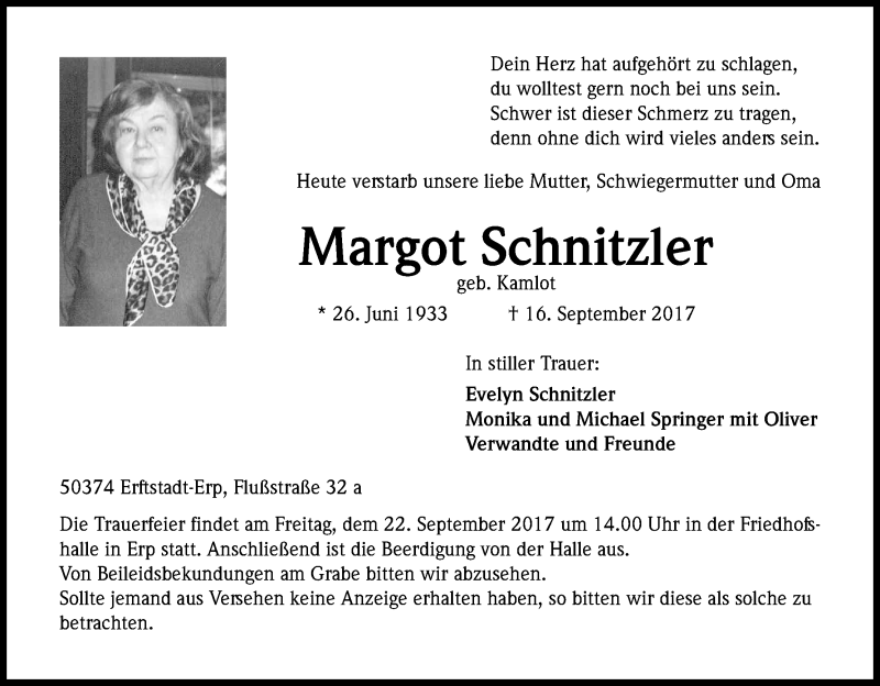  Traueranzeige für Margot Schnitzler vom 20.09.2017 aus Kölner Stadt-Anzeiger / Kölnische Rundschau / Express