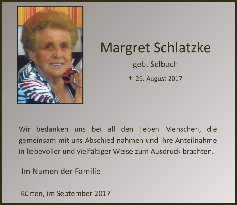  Traueranzeige für Margret Schlatzke vom 27.09.2017 aus  Bergisches Handelsblatt 