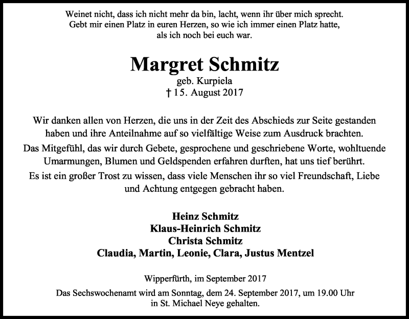 Traueranzeige für Margret Schmitz vom 16.09.2017 aus Kölner Stadt-Anzeiger / Kölnische Rundschau / Express