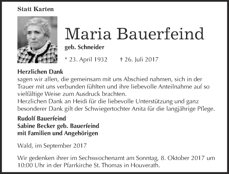  Traueranzeige für Maria Bauerfeind vom 16.09.2017 aus  Blickpunkt Euskirchen 
