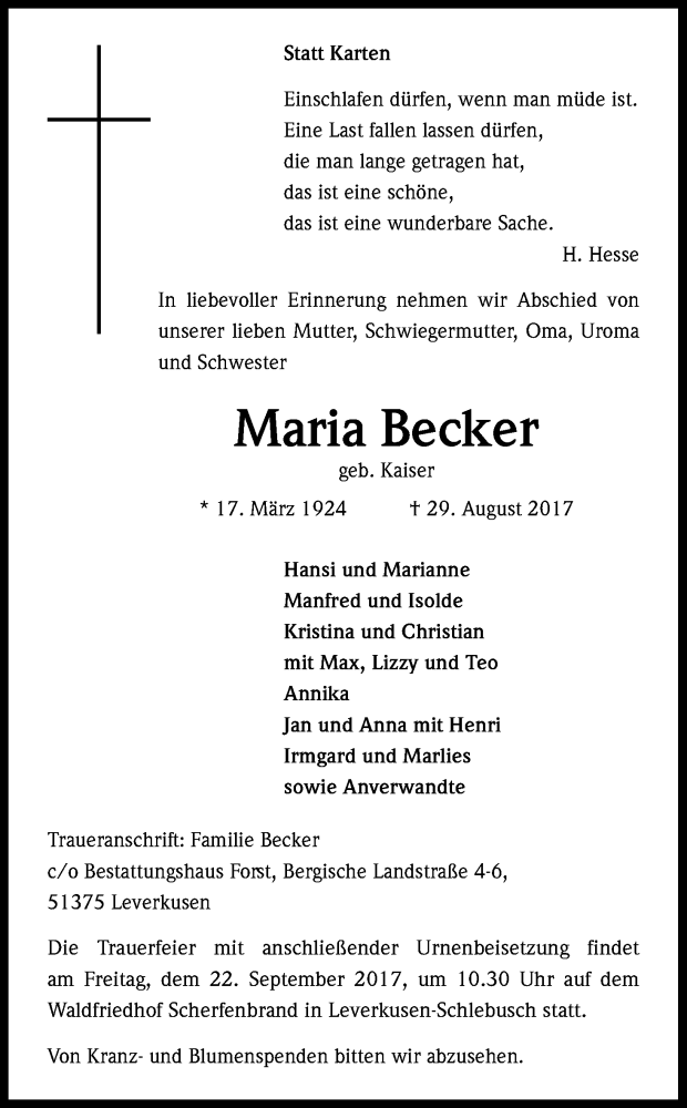  Traueranzeige für Maria Becker vom 16.09.2017 aus Kölner Stadt-Anzeiger / Kölnische Rundschau / Express
