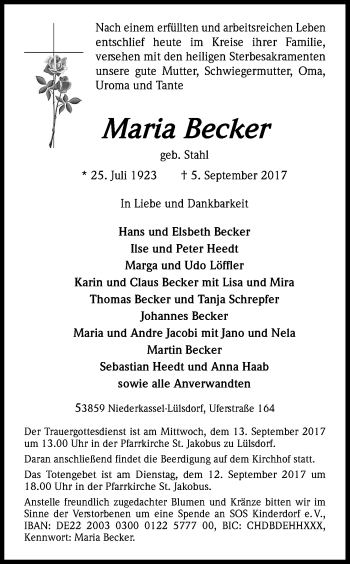 Anzeige von Maria Becker von Kölner Stadt-Anzeiger / Kölnische Rundschau / Express