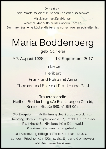 Anzeige von Maria Boddenberg von Kölner Stadt-Anzeiger / Kölnische Rundschau / Express