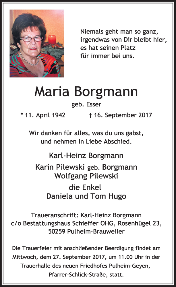  Traueranzeige für Maria Borgmann vom 23.09.2017 aus  Sonntags-Post 