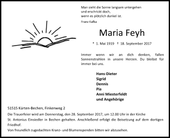 Anzeige von Maria Feyh von Kölner Stadt-Anzeiger / Kölnische Rundschau / Express