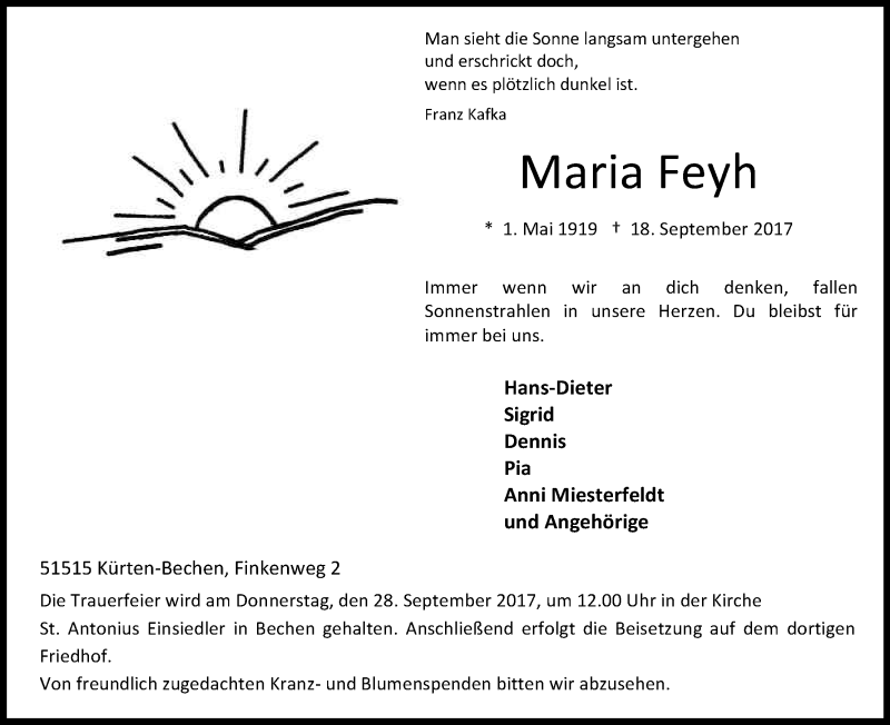  Traueranzeige für Maria Feyh vom 23.09.2017 aus Kölner Stadt-Anzeiger / Kölnische Rundschau / Express
