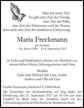 Anzeige von Maria Freckmann von Kölner Stadt-Anzeiger / Kölnische Rundschau / Express