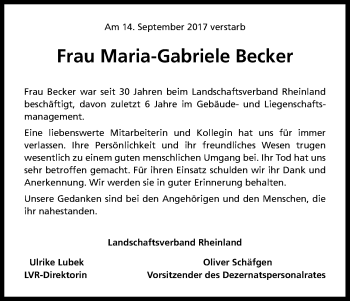 Anzeige von Maria-Gabriele Becker von Kölner Stadt-Anzeiger / Kölnische Rundschau / Express