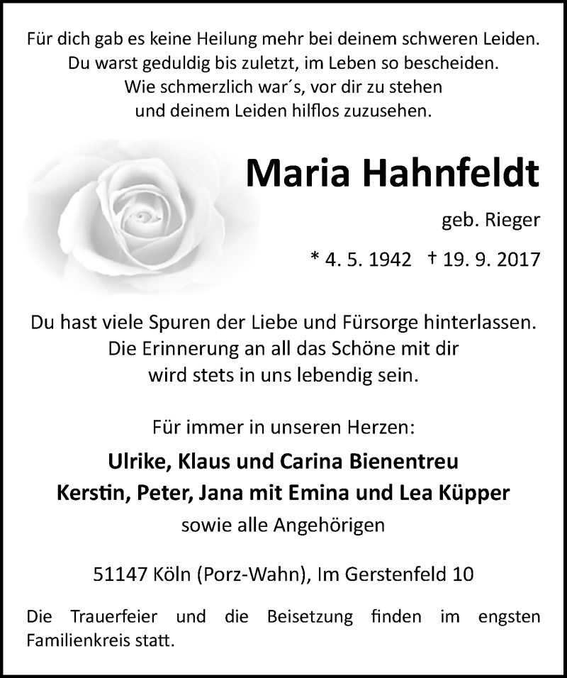  Traueranzeige für Maria Hahnfeldt vom 27.09.2017 aus  Kölner Wochenspiegel 