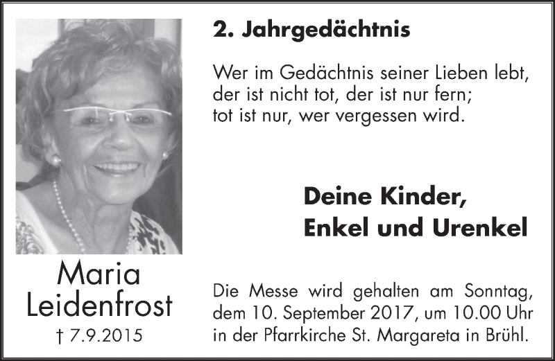  Traueranzeige für Maria Leidenfrost vom 06.09.2017 aus  Schlossbote/Werbekurier 