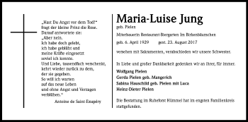 Anzeige von Maria-Luise Jung von Kölner Stadt-Anzeiger / Kölnische Rundschau / Express